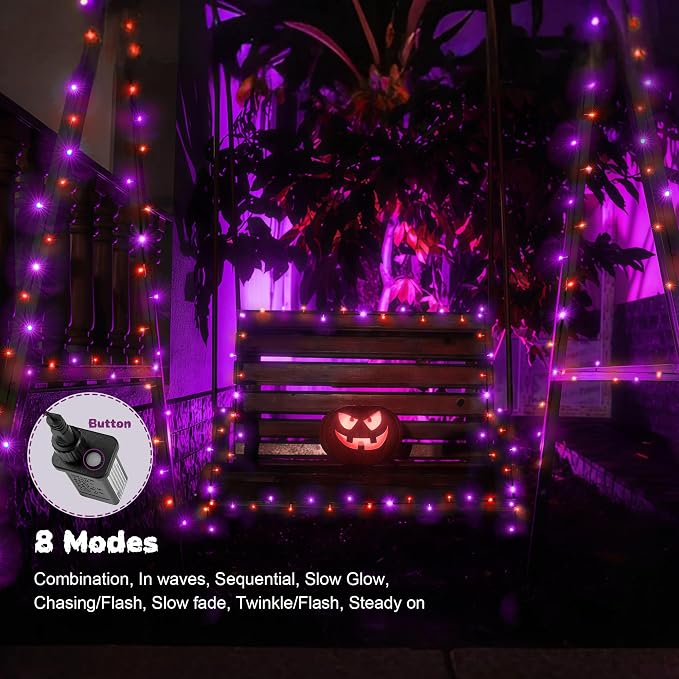 WBao Halloween Lights Orange Purple 300LED 108ft Super Bright String Lights, UL Certified, 8 Lighting Modes, Timer, Connectable, Memory & Waterproof for Indoor Outdoor Halloween Decorations