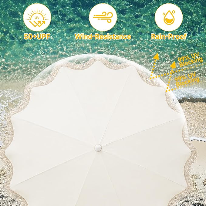 7.5FT Boho Patio Umberlla with Fringe,UPF50+ Outdoor Umbrella with Fiberglass Ribs and Push Button Tilt,Tassels Umbrella for Beach,Terrace,Picnic
