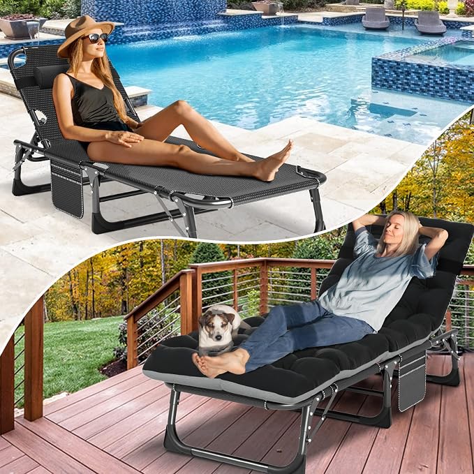 LILYPELLE Folding Chaise Lounge Chair with Pad, Patio Sun Tanning Chair | 5-Position Outdoor Chaise Lounger,Portable Beach Lounge Chair for Outdoor Sunbathing Patio Pool Lawn Deck Poolside