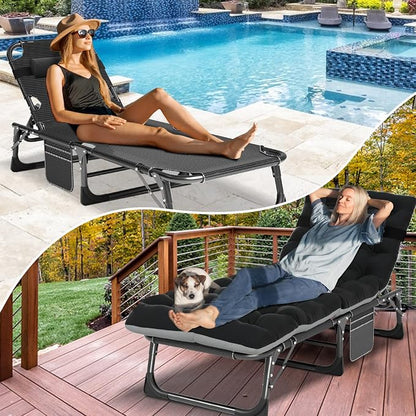 LILYPELLE Folding Chaise Lounge Chair with Pad, Patio Sun Tanning Chair | 5-Position Outdoor Chaise Lounger,Portable Beach Lounge Chair for Outdoor Sunbathing Patio Pool Lawn Deck Poolside