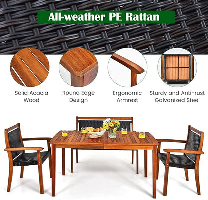 COSTWAY 4 Piece Patio Rattan Dining Furniture Set, Outdoor Acacia Wood Frame Loveseat, Chairs and Table Set with Umbrella Hole for Garden, Backyard, Lawn