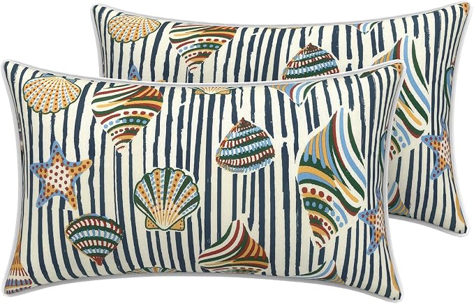 LVTXIII 2 Pack Outdoor Lumbar Pillow Covers 12x20 Inch with Piping, Water-Repellent Back Cushion Covers ONLY for Patio Furniture, Sofa, Garden Bench, Cabana Shells