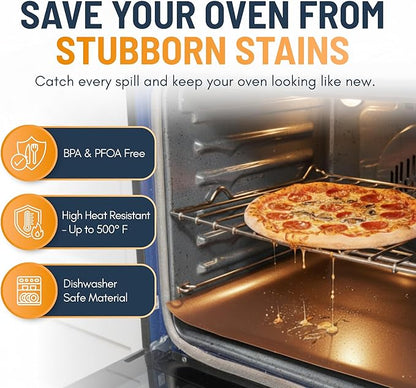 Oven Liners for Bottom of Oven - 4 Pack Large Heavy Duty Mats, 17”x25” Non-Stick Reusable Liner for Electric, Gas, Toasters, Grills - BPA & PFOA Free Kitchen Accessory to Keep It Clean (Copper)