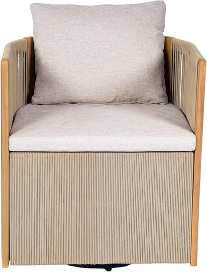 Christopher Knight Home Kato Outdoor Metal & Acacia Wood Frame Swivel Accent Chair with Removable Cushion, 360° Rotating Patio Armchair with Rope Accent, Outdoor Swivel Chair for Garden, Beige