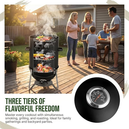 Barrel Charcoal Grill, Vertical 3-Layer BBQ Smoker for Outdoor Backyard Cooking, Heavy-Duty Steel with Thermometer & Adjustable Air Vents, Black