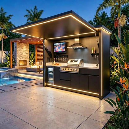 Modular Outdoor Kitchen Pod, Prefab Outdoor Kitchen Kits with Roof Sink Burners Storage Cabinet, Outdoor Backyard BBQ Cooking Station Island