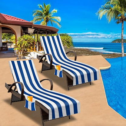 Beach Chair Cover (1Pc), Lounge Chair Covers with Side Pockets 85 x 30,Thick and Quick Dry Lounge Chair Towel Cover for Sun Lounger, Pool Beach Garden Outdoor Tanning Chair Cover, Dark Blue Stripe