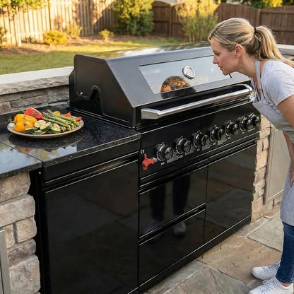 63 Inch Outdoor Kitchen Island, 6-Burner 85000 BTU Propane Stainless Steel BBQ with Side/Rear Burners, Outdoor Kitchen Bar Barbecue Island Grill,Marble Countertops,For Backyard BBQ
