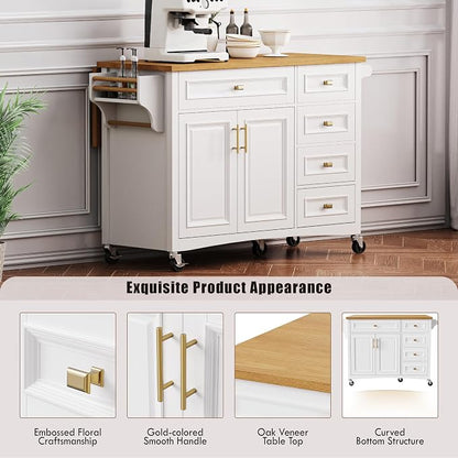 Ball & Cast Kitchen Island with Drop Leaf,Embossed Texture Kitchen Island On Wheels with Spice & Towel Rack,2 Doors and 5 Drawers,Kitchen Storage Cart W/Adjustable Shelf for Kitchen,White,52"