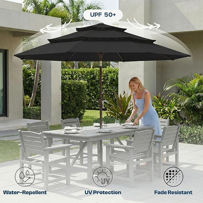 10ft Patio Umbrella, 3 Tier Outdoor Market Table Umbrellas with 8 Fiberglass Ribs and Push Button Tilt, Windproof, Vented Canopy, UV Protection for Deck, Pool, Backyard