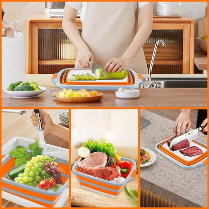 BBQ Prep Tub with Lid and Cutting Board - Collapsible Barbecue Tool Set for Marinating, Grilling, BBQ Prep Station for Outdoor Cooking, Camping Kitchen Accessories & Barbecue Utensils, XX-Large Orange