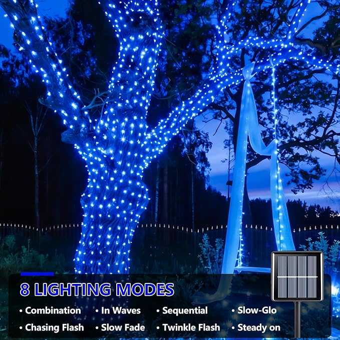 YEGUO Solar String Lights Outdoor Waterproof, 2 Packs Each 33ft 100 LED Blue Lights, 8 Modes Twinkle Light for Christmas Tree Outside Garden Yard Xmas Decor