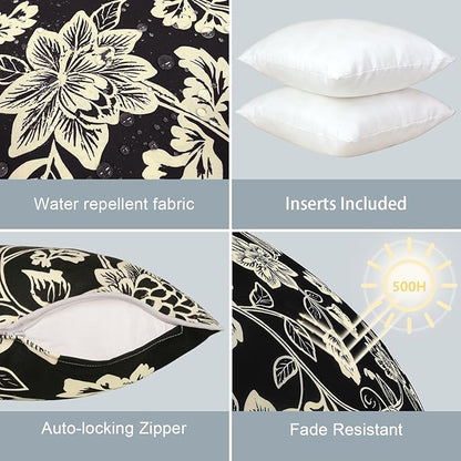 LVTXIII Outdoor Throw Pillows 18x18 Patio Waterproof Square Pillows with Piping Fade Resistant Accent Pillow for Spring Summer Garden Decoration, Set of 2, Elegant Vines Black