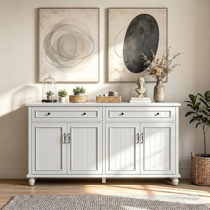 Scurrty Sideboard Buffet Cabinet, 62'' Large Storage Cabinet with Drawers and 4 Doors, Vintage Coffee Bar Cabinets with Adjustable Shelf for Kitchen, Living Room, White