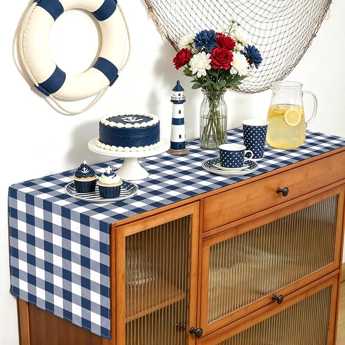 Navy Blue Gingham Table Runner Coastal Nautical Birthday Party Decoration BBQ Picnic Home Kitchen Table Decor (Navy Blue, 13" x 72")