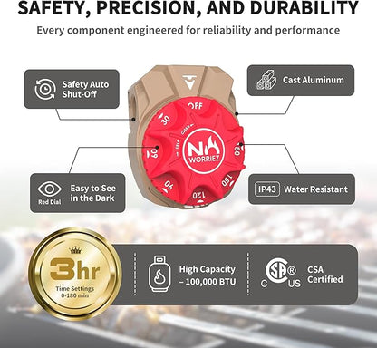 NO WORRIEZ 3 Hour Bypass Safety Auto Shut-Off Gas Timer for Propane & Natural Gas | Outdoor Grill, Fire Pit, Pizza Oven | – 100,000 BTU w/ 3/8" Flared Male Connector & Female Hose, Patent Pending