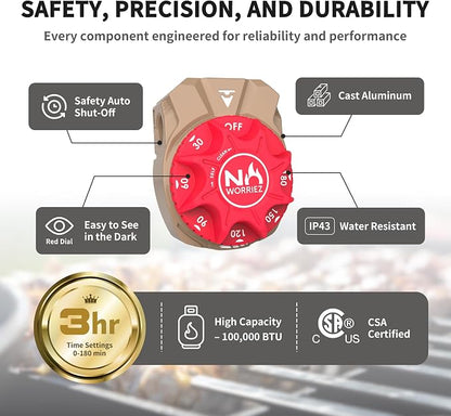 NO WORRIEZ 3-Hour Propane Natural Gas Timer, Auto Shut-Off, 1/2" Female NPT | Safety Auto Shut Off, 100,000 BTU, Fits Outdoor Grill, Fire Pit, Pizza Oven, BBQ, Smoker, Turkey Fryer, Mechanical Valve