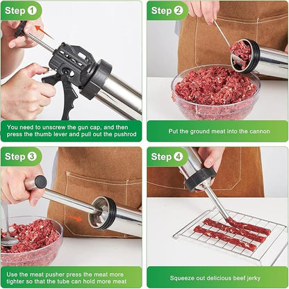 Stainless Steel 2.1 LB Large Capacity Jerky Gun Kits, Professional Jerky Maker, Jerky Shooter Cannon, Beef Stick Gun, Sausage Stuffer, Meat Gun with 5 Nozzles 5 Brushes & 1 Meat Pusher, Gift for Mom