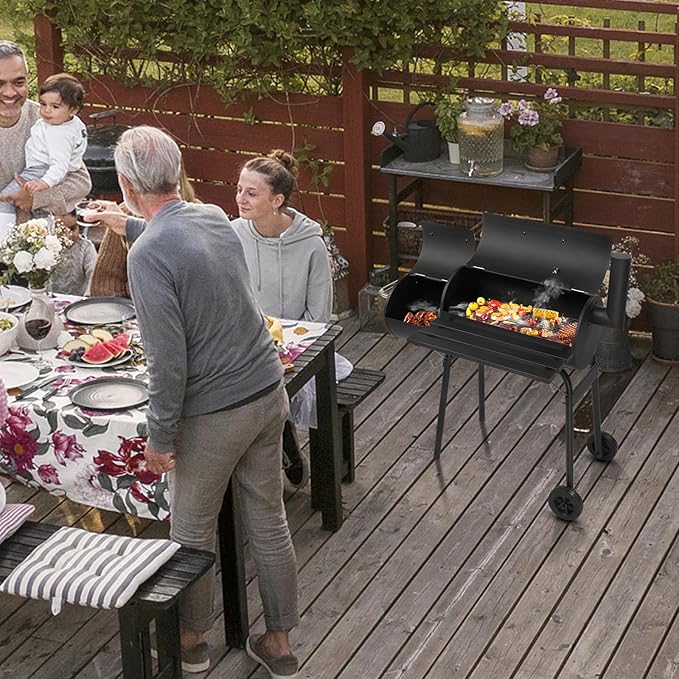 30-Inch Heavy Duty Barrel Charcoal Grill with Offset Smoker, All Metal Outdoor BBQ Grill with Side Table & Wheels, Large Cooking Area for Backyard, Patio, Garden Cooking and Smoking