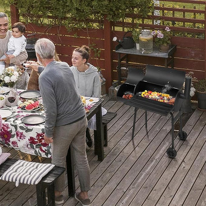 30-Inch Heavy Duty Barrel Charcoal Grill with Offset Smoker, All Metal Outdoor BBQ Grill with Side Table & Wheels, Large Cooking Area for Backyard, Patio, Garden Cooking and Smoking