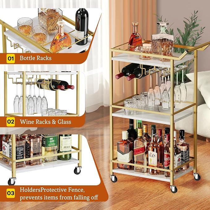 3 Tier Bar Cart Mini Liquor Utility Cart for Wine Beverage Dinner Party | Rolling Wine Coffee Drink Serving Cart with Lockable Wheels for Home Kitchen Bars (Gold)