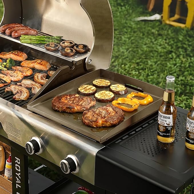 BP1501 Griddle Top and Grease Cup Combo, Ceramic-Coated Griddle Pan, Flat Griddle Gas Grill Pan with Grease Cup, 259 Sq. In. Nonstick Cooking Area, Durable for Outdoor Grilling