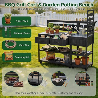 62 Inch Patio Kitchen Island with Stainless Steel Top, Black | Black fir wood, stainless steel top, garden or patio, raised shelf, 2 drawers, lockable wheels, modular design, 62.3 in L