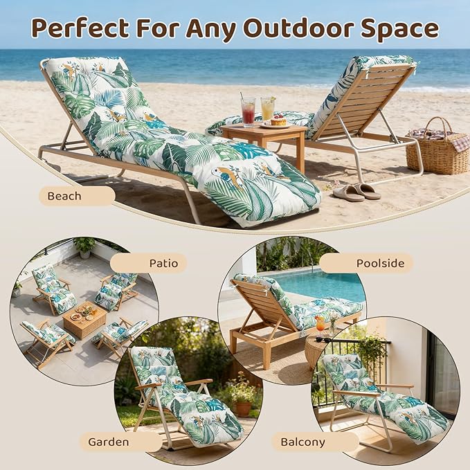 Waterproof Outdoor Chaise Lounge Chair Cushion 75.1 x 22 x 4.72 Inches UV Resistant Replacement Lounge Chair Cushions for Outdoor Furniture with Ties, Thickened Cotton Patio Pool Lounge Chair Cushions