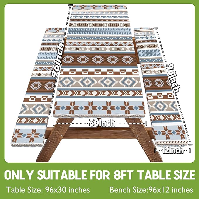 Fitted Picnic Table Cover with Bench Covers Fitted Rectangle Table Cloth Tablecloth Camping Gear Essentials Rv Accessories Road Trip Supplies Car Travel Must Have 8 Ft Foot Feet 96in Boho Bohemian