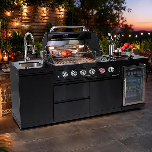 85" Natural Gas Outdoor Kitchen Island - 72000 BTU Grill, Wine Cooler, Sink & Granite Countertops for Premium Backyard BBQs, Black