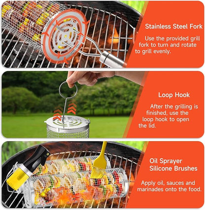 Grill Basket, Stainless Steel Rolling Grill Basket Mesh for Fish, Shrimp, Meat, Vegetables, Fries - Portable Barbeque Accessories for Outdoor Grilling
