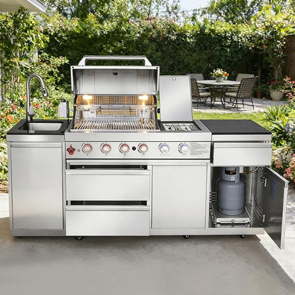 83" Outdoor Kitchen Island with Grill and Side Burner, 4-Burner 71,500 BTU Propane BBQ Island, Sink & Three-Drawer Storage, Rotisserie, for Backyard and Patio Cooking, Silver