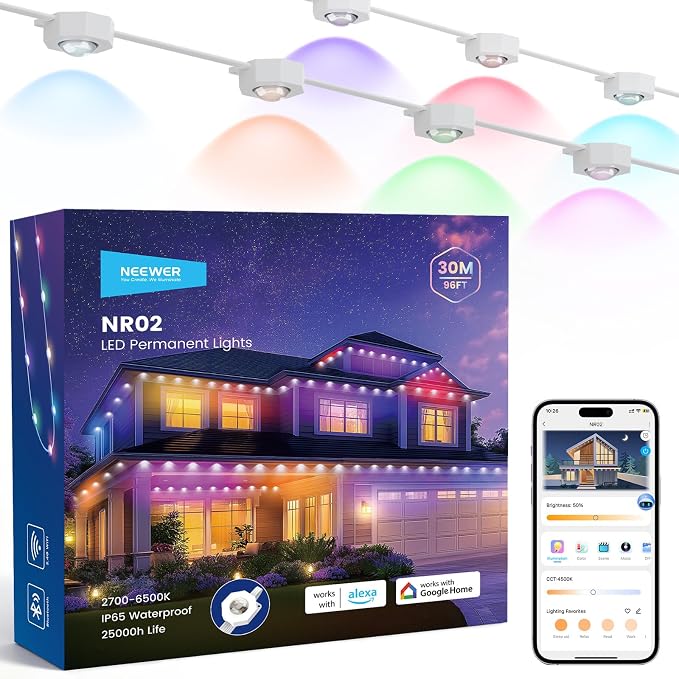 NEEWER 96ft Permanent Outdoor Lights for House Decor, Smart AI RGB IC CW Outside Eaves String Christmas Lighting, 60 LED Lights, App Control 50+ Scenes IP65 Waterproof, Compatible with Alexa, NR02
