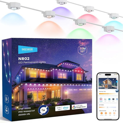 NEEWER 96ft Permanent Outdoor Lights for House Decor, Smart AI RGB IC CW Outside Eaves String Christmas Lighting, 60 LED Lights, App Control 50+ Scenes IP65 Waterproof, Compatible with Alexa, NR02