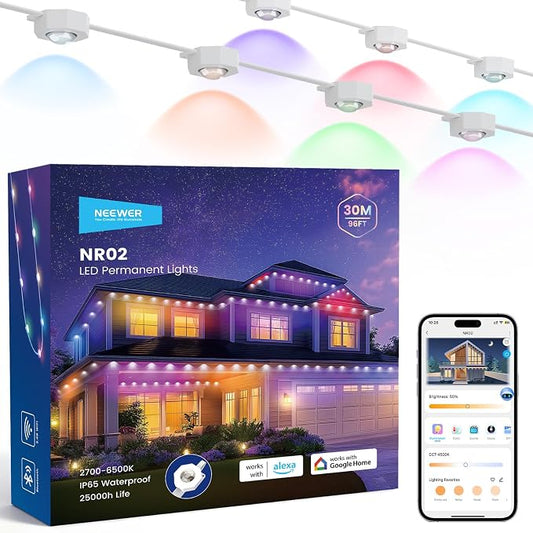 NEEWER 96ft Permanent Outdoor Lights for House Decor, Smart AI RGB IC CW Outside Eaves String Christmas Lighting, 60 LED Lights, App Control 50+ Scenes IP65 Waterproof, Compatible with Alexa, NR02