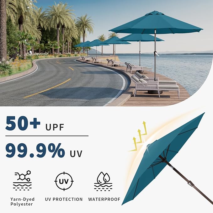 9FT Patio Umbrella Outdoor Table Umbrella w/Push Button Tilt and Crank, 8 Sturdy Ribs, UV Resistant Waterproof Market Umbrella for Pool, Deck, Backyard, Garden, Lake Blue