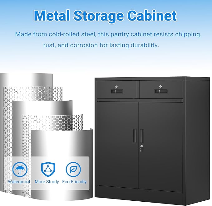 CJF Pantry Cabinet with 2 Drawer, Metal Pantry Storage Cabinets with Doors and 2 Adjustable Shelves, 36" H Locking Cabinet for Kitchen Storage, Home, Garage, Utility Room and Basement, Black