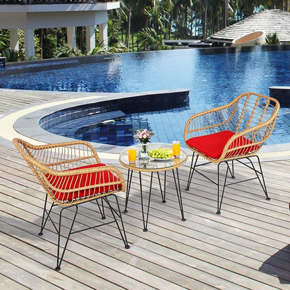 Tangkula 3 Pieces Patio Bistro Set, Rattan Conversation Set with 2 Cushioned Armchairs & Round Glass Coffee Table, Indoor Outdoor Wicker Furniture Set for Balcony, Backyard, Garden, Poolside