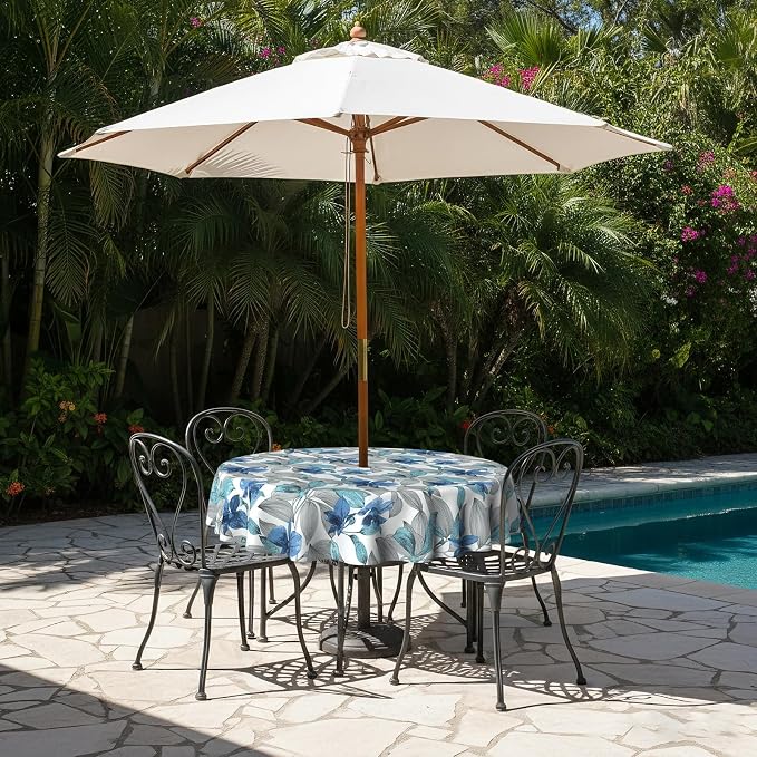 LVTXIII Outdoor Tablecloth with Umbrella Hole and Zipper, 60 Inch Water-Repellent Patio Table Cloth, Round Table Covers for Backyard Garden, Clemens Noir Blue