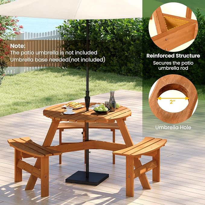 Tangkula 6-Person Wood Picnic Table, Outdoor Round Table and Bench Set with 3 Built-in Benches, Umbrella Hole, Perfect for Outside, Patio, Garden, Backyard, Porch (6-Person,Yellow)