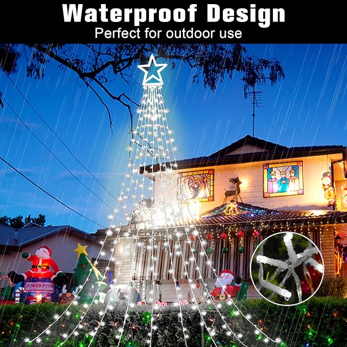 Christmas Decorations Star String Lights, 320 LED Waterfall Tree Lights with 13" Topper Star 8 Lighting Modes Indoor Outdoor Decorative for New Year, Holiday, Wedding, Party