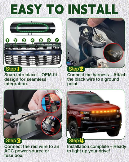 LED Grill Lights for 2019 2020 2021 Chevy Silverado Accessoreis | Clip On Front Grille Insert Light Bar Head Lamp Fits Silverado Trail Boss,WT,Custom Only