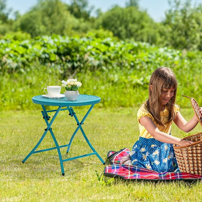 TeoKJ Folding Outdoor Side Table, No Assembly Patio Table with Cutouts | Metal Round Anti Rust Patio Desk, Small Nightstand with Flower Cutouts, for Yard, Balcony, Lawn, Pool, Lightweight, Blue