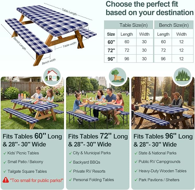 Picnic Table Cover Bench Covers Camping Essentials Tablecloth | Waterproof Vinyl for Outdoor, Windproof Elastic Fitted Edges, RV BBQ Accessories Must Haves, Storage Bag Included