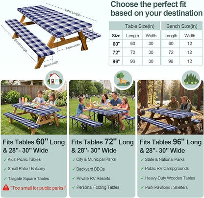 Picnic Table Cover Bench Covers Camping Essentials Tablecloth | Waterproof Vinyl for Outdoor, Windproof Elastic Fitted Edges, RV BBQ Accessories Must Haves, Storage Bag Included