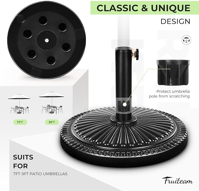 FRUITEAM 15" 23 lbs Round Patio Umbrella Base Pre-Filled Umbrella Stand Sun-Flower-Pattern Heavy Duty Market Umbrella Base Stand for Patio, Outdoor, Swimming Pool, Black