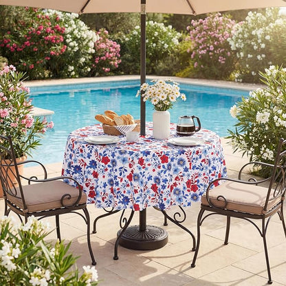 SquarePie 4th of July Outdoor Tablecloth with Umbrella Hole Round - 60 Inch Waterproof Zipper Patriotic Red Blue Flowers Table Cover for Spring Summer Garden Party Picnic