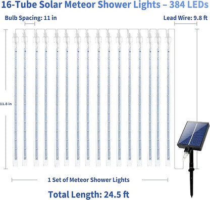 Solar Meteor Shower Lights, Solar Christmas Lights 16 Tubes 384 LEDs (Equivalent to 2 Sets of 8-Tube), Outdoor Waterproof Icicle String Light, LED Rain Drop Light for Tree Garden Decor (Cool White)