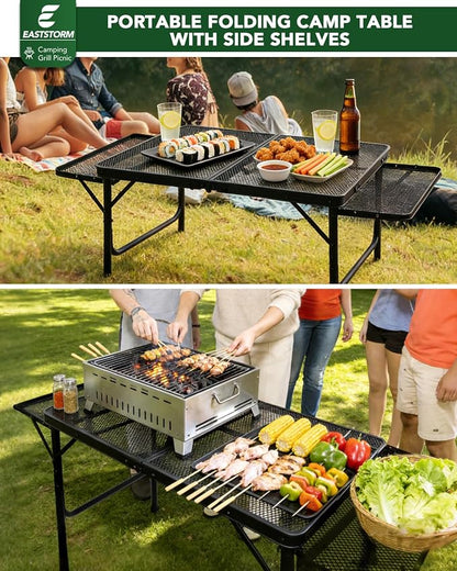 3 Ft Camping Table Foldable, Metal Mesh Grill Table with Side Wing Panels | Black Finish, 2 Adjustable Heights, Storage Net, Paper Towel Holder, Hooks and Trash-Bag Rack for Camping, BBQ and Picnics