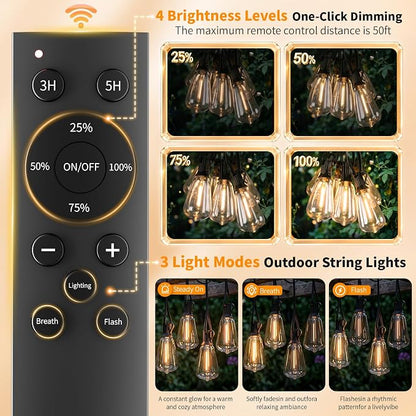 Hotsonic Solar Outdoor String Lights Waterproof, 50FT Remote Control LED Outside Lights with Shatterproof Bulbs, Dimmable Hanging Lights for Patio Porch Garden pergola Yard House Bistro Party decors ﻿